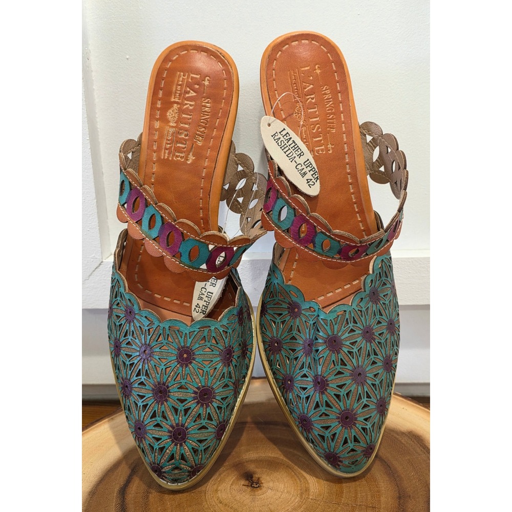 Boho Cottagecore Spring Step L'Artiste Rashida Teal Multi Leather Laser Mules 42